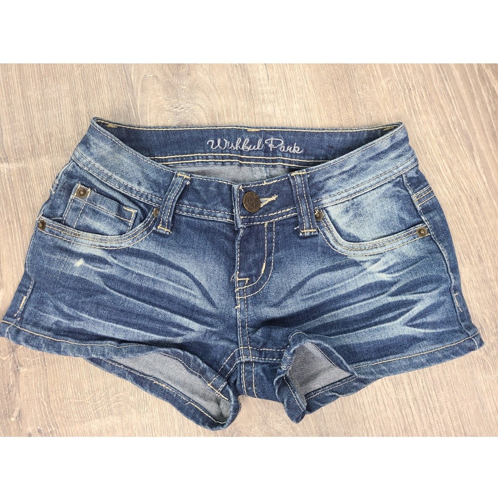 Y2K Wishful Park Sz 0 Micro Mini Denim Shorts Mid Rise It Girl Bimbocore McBling